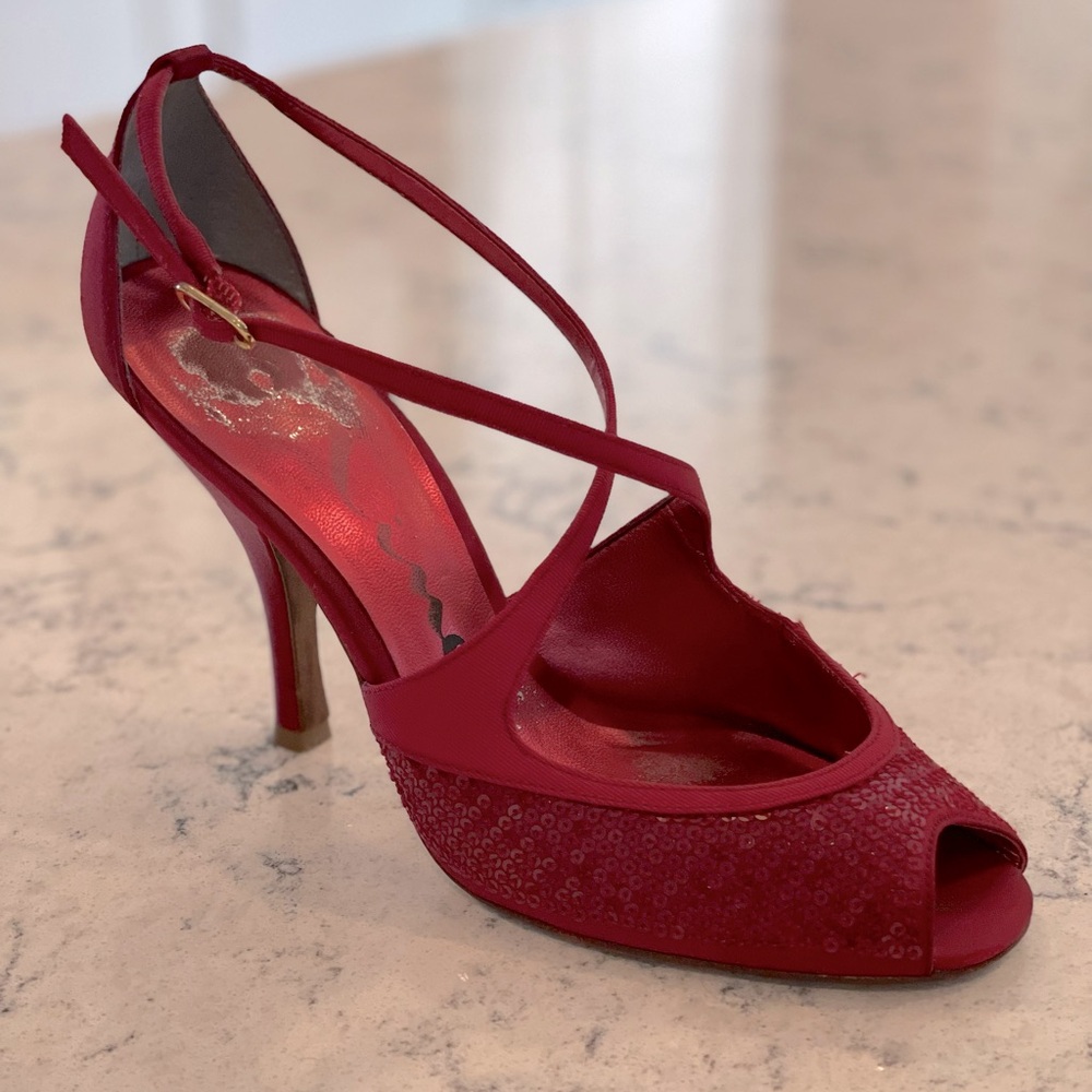 Nina Red Satin & Sequin Heel, Size 7.5